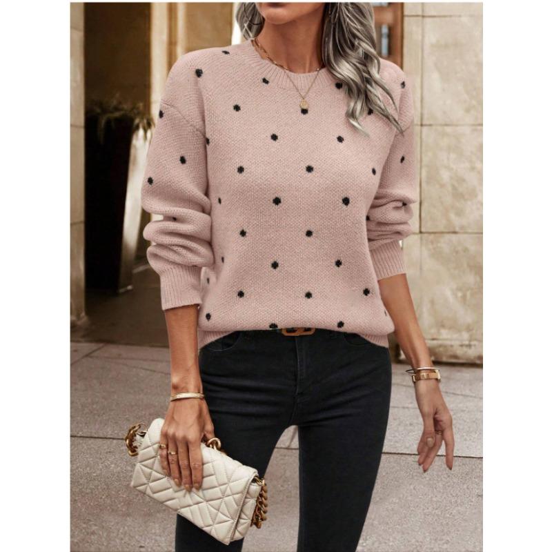Women Loose Fit Long Sleeve Pullover Knit Sweater Polka Dot Jacquard
