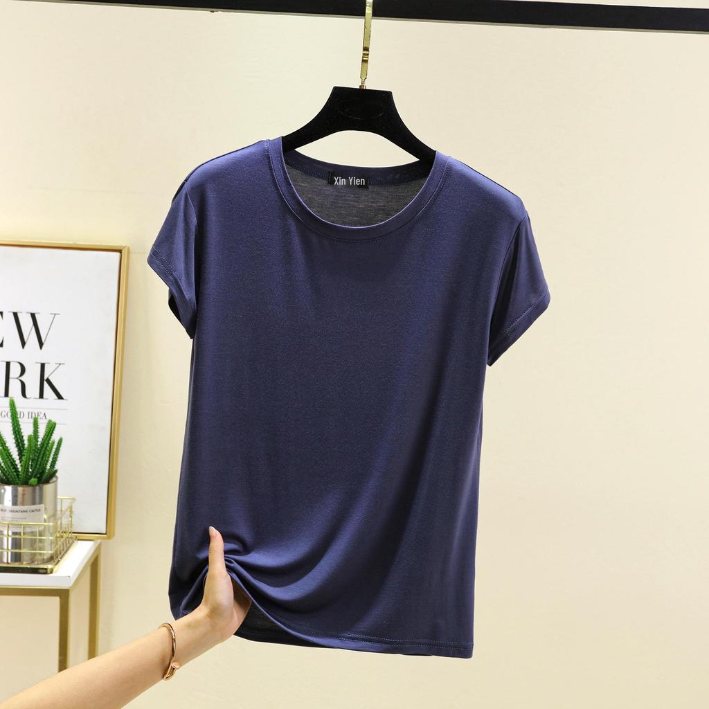 Damski bawełniany T-shirt z krótkim rękawem w jednolitym kolorze – Casualowy luźny krój, prosty letni styl