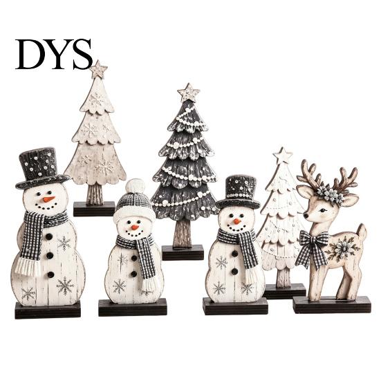 Holiday Wood Ornaments 7Pcs Christmas Snowman Tree Reindeer Figurines, 2D Wooden Tiered Tray Easy Storage Crafts Decor, Rustic Farmhouse Tabletop