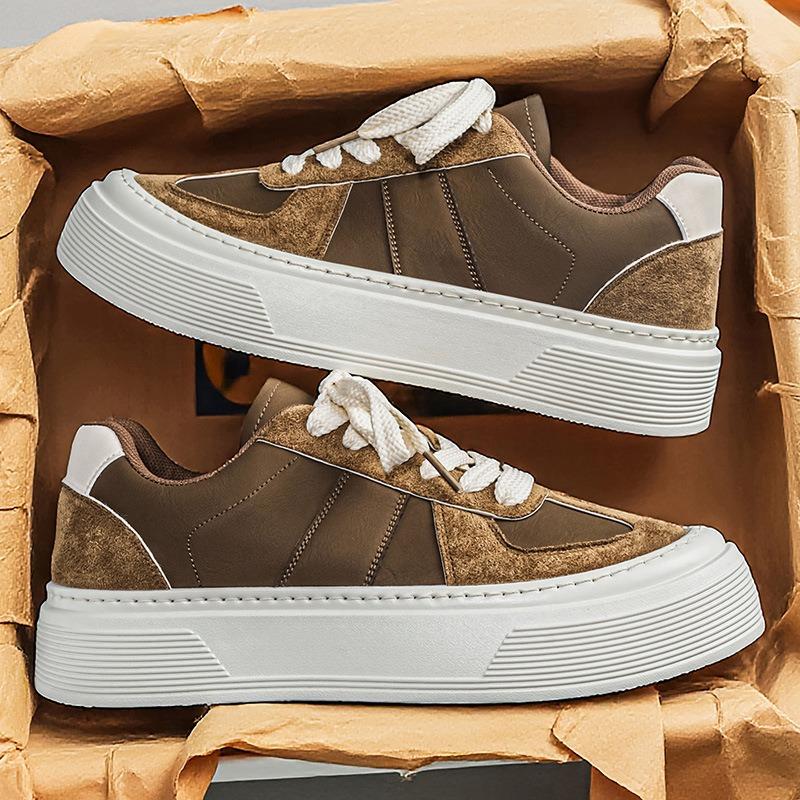 Men Leather German Trainers, Platform Height Increasing Chunky Sole Casual Skate Board Shoes