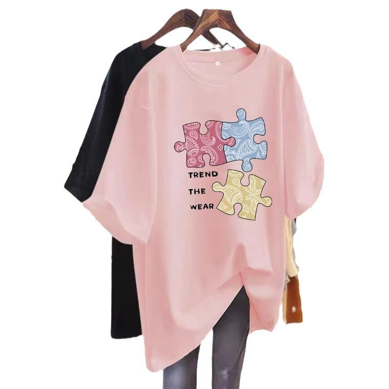 Cartoon puzzle letter printing short-sleeved t-shirt women's summer 2025 new loose casual versatile crew neck thin top