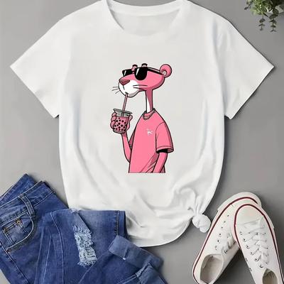 Roze Panter Creatief Patroon T-shirt Origineel Schattig Dames T-shirt Losse Casual Veelzijdige Tops Schattige Kortmouw Tops