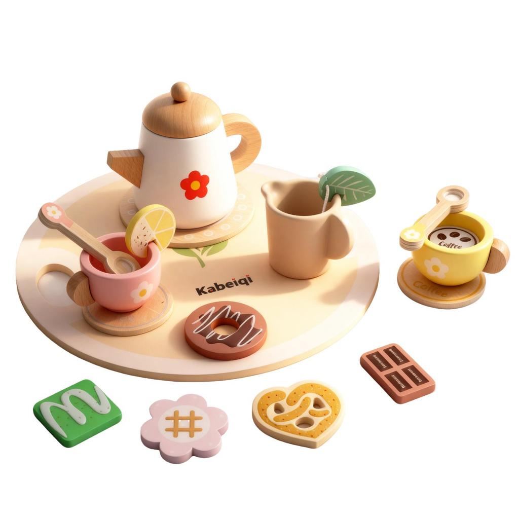 DOWMOO Wooden Afternoon Tea Role-Play Toy for Dexterity and Fun Playhouse Activities