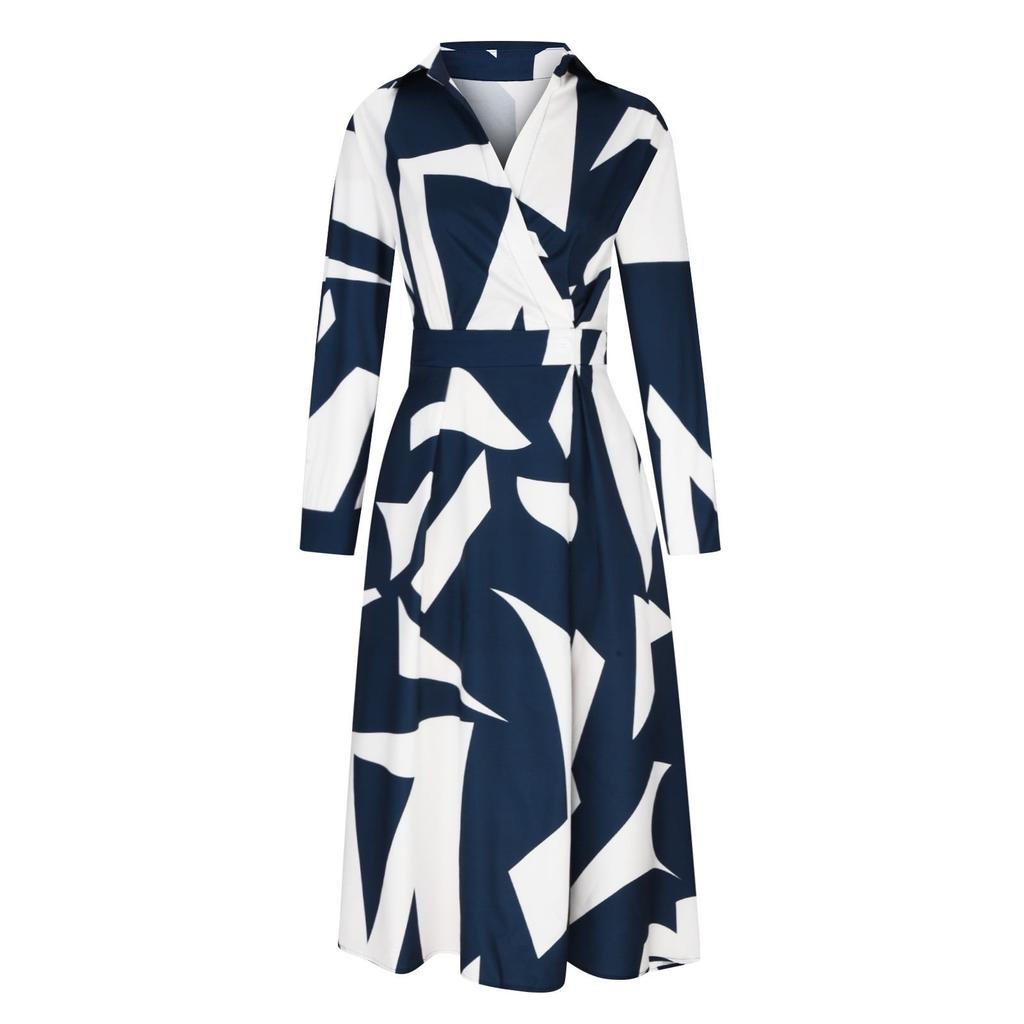 Damen Casual Mode 3/4 Ärmel V-Ausschnitt Blaues Kleid mit geometrischem Druck