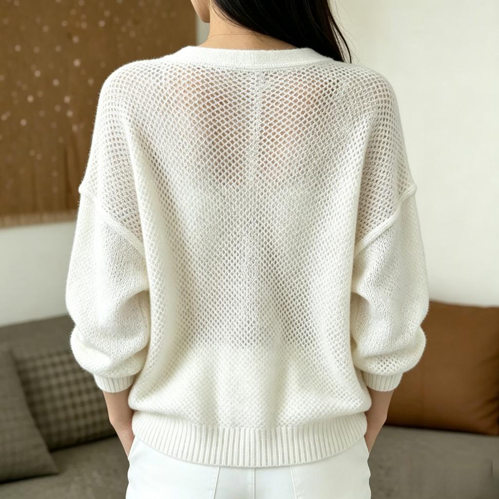 Women's Openwork V-Neck Cardigan Loose Fit Lightweight Long Sleeve Knit Top for Casual Daily Wear