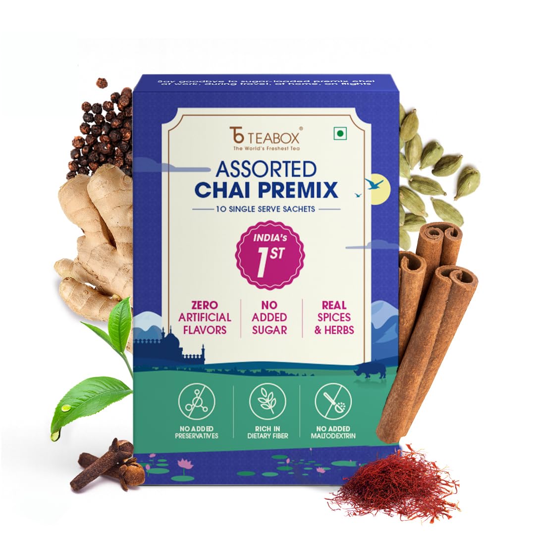 Teabox Assorted Chai Premix | 5 Flavours - Kadak, Masala, Cardamom, Saffron Rose, Kolkata Street | Strong Assam Tea | Fiber-Rich | No Added Sugar,