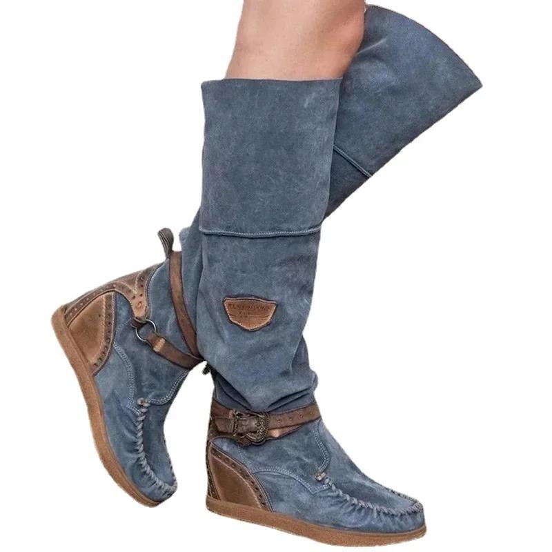 Vintage Damenstiefel Lässige Kniestiefel Damen Schuhe mit hohen Absätzen Thermische Überschuhe Hoher Stiefel Zapatos Mujer Sapato 2025