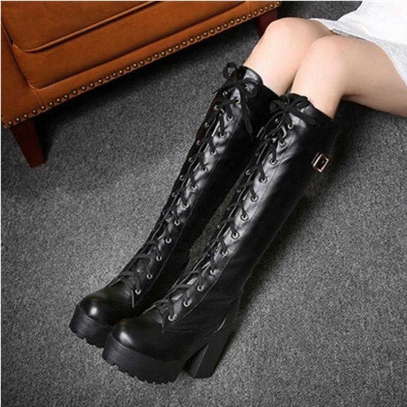 Damen-Stiefel mit hohem Absatz, zum Schnüren, dicke Plattform
