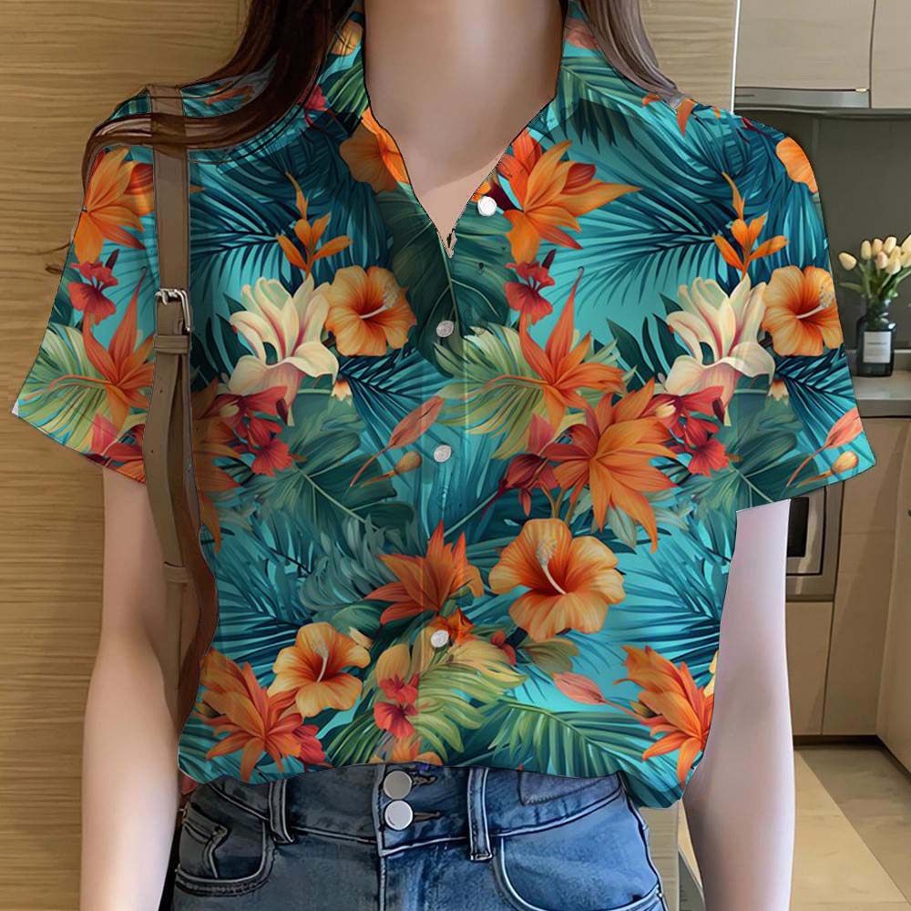 Womens Shirts Tropical plant leaves 3D Printed Tops Casual Hawaiian Short Sleeve Button Beach Shirt Summer y2k Women's Clothes