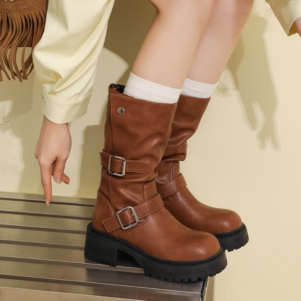 

New Mid calf Women Back Zipper Thick Sole Autumn Fashion Buckle 5CM Block Heel Outdoors Casual PU Leather 35