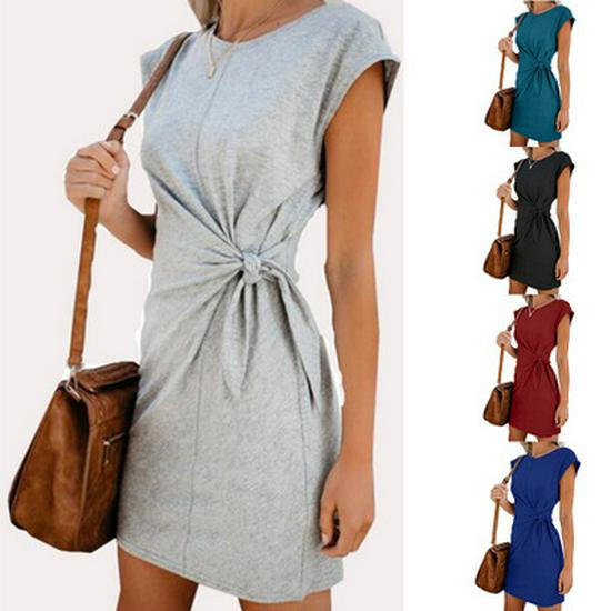 

2019 Women s European & American Round Neck Tie Waist Loose Short Sleeve Dress S темно-синий