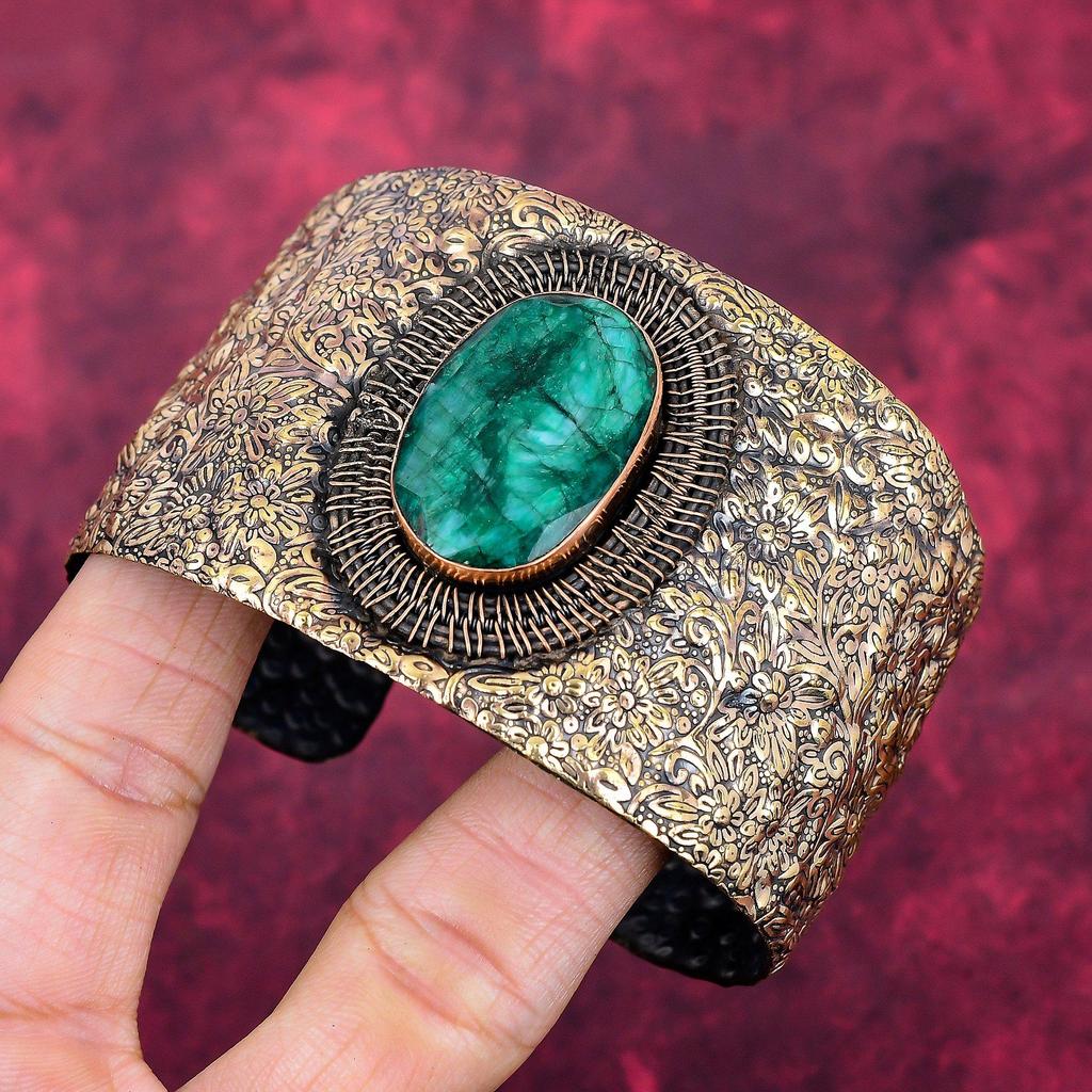 Fasetovaný zambijský smaragdový náramek manžeta měděným drátem ovíjený náramek ručně vyrobený nastavitelný náramek manžeta drahokam měděné šperky dárky pro matku