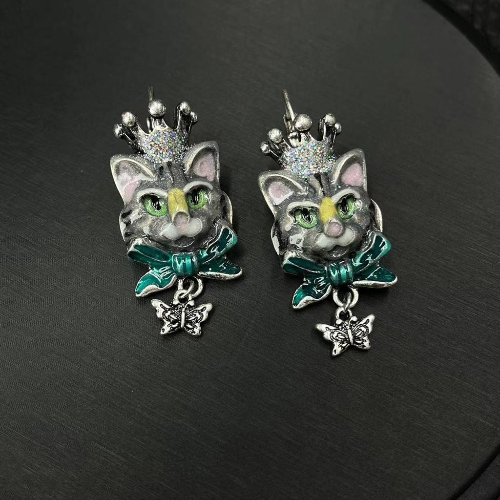 Qingdao medieval vintage enamel Alice in Wonderland cat cat KF earrings necklace retro cat set