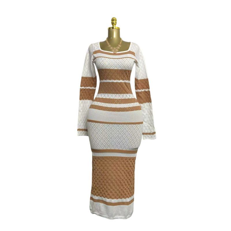 European and American New Fashion Casual Slim Fit Knitted Stripes Long Sleeve Dress Knitted Striped Dress