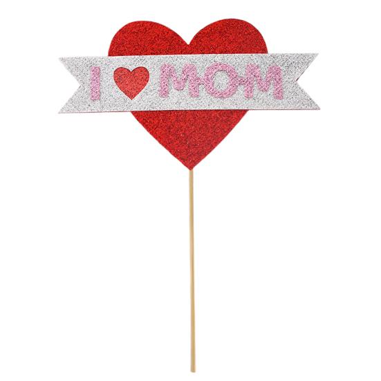 Mother's Day Cake Toppers I Love Mom Cupcake Topper Picks Glitter Hearts Flowers Crown Picks for Mom's Birthday Party Cake Decor