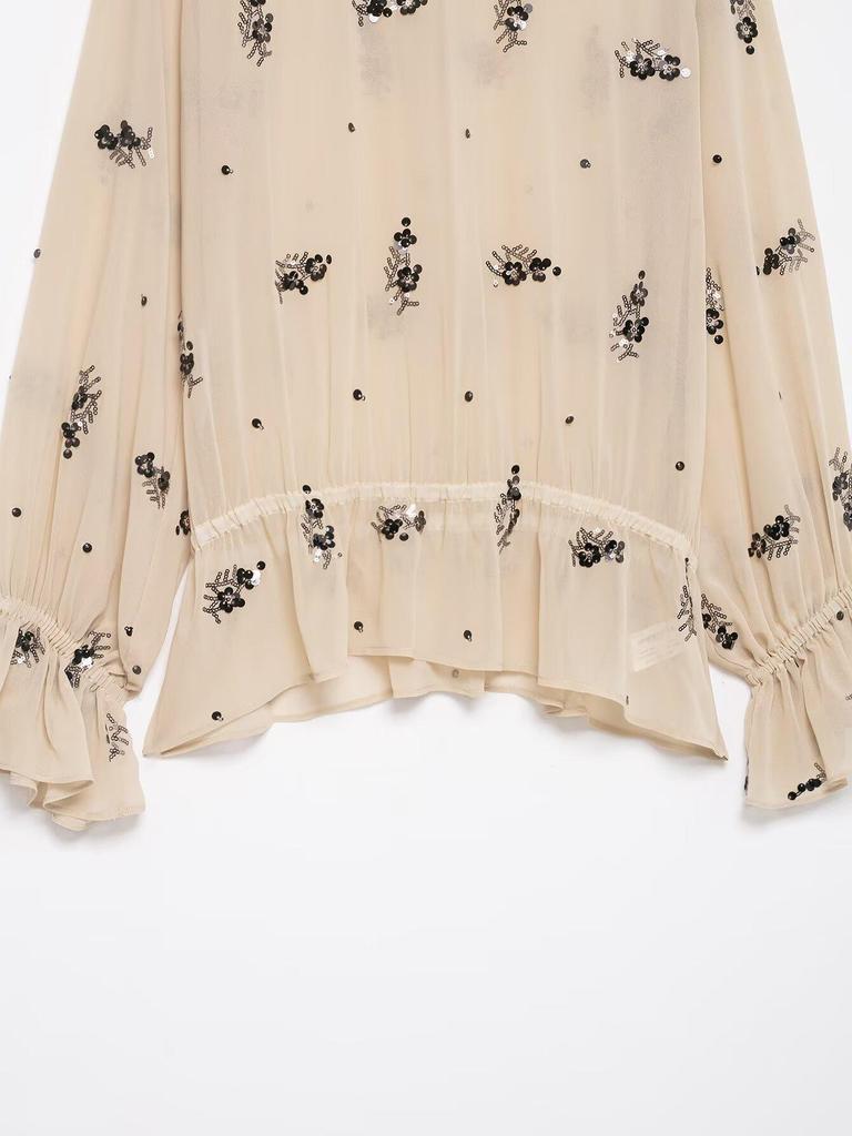 European & American Style Women's Fashionable Temperament Loose Casual Sequin Semi-Transparent Shirt