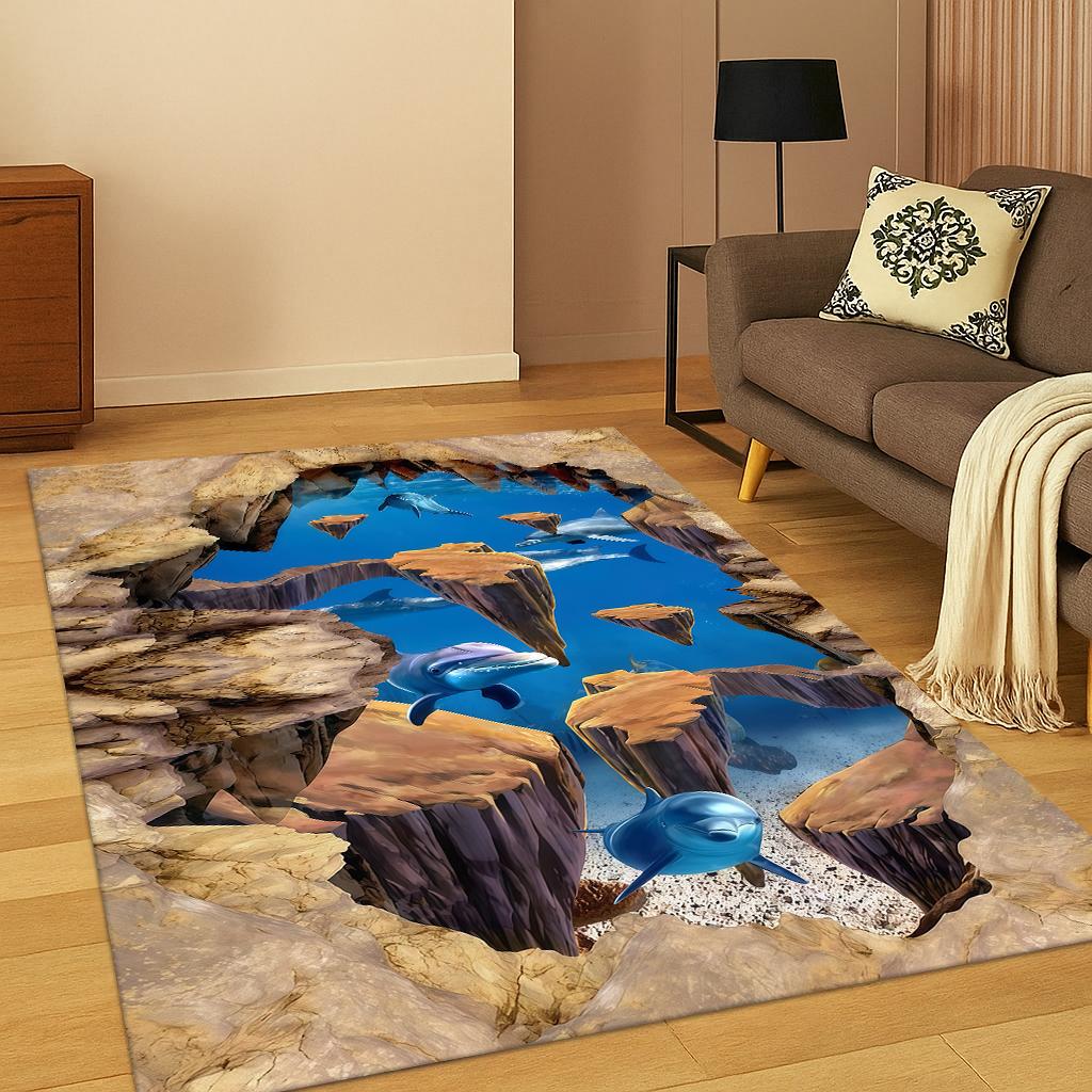 3D Underwater World Illusion Carpet Rug for Home Bedroom Living Room Sofa Doormat Kitchen Decor,Kid Game Non-slip Area Rug Mat