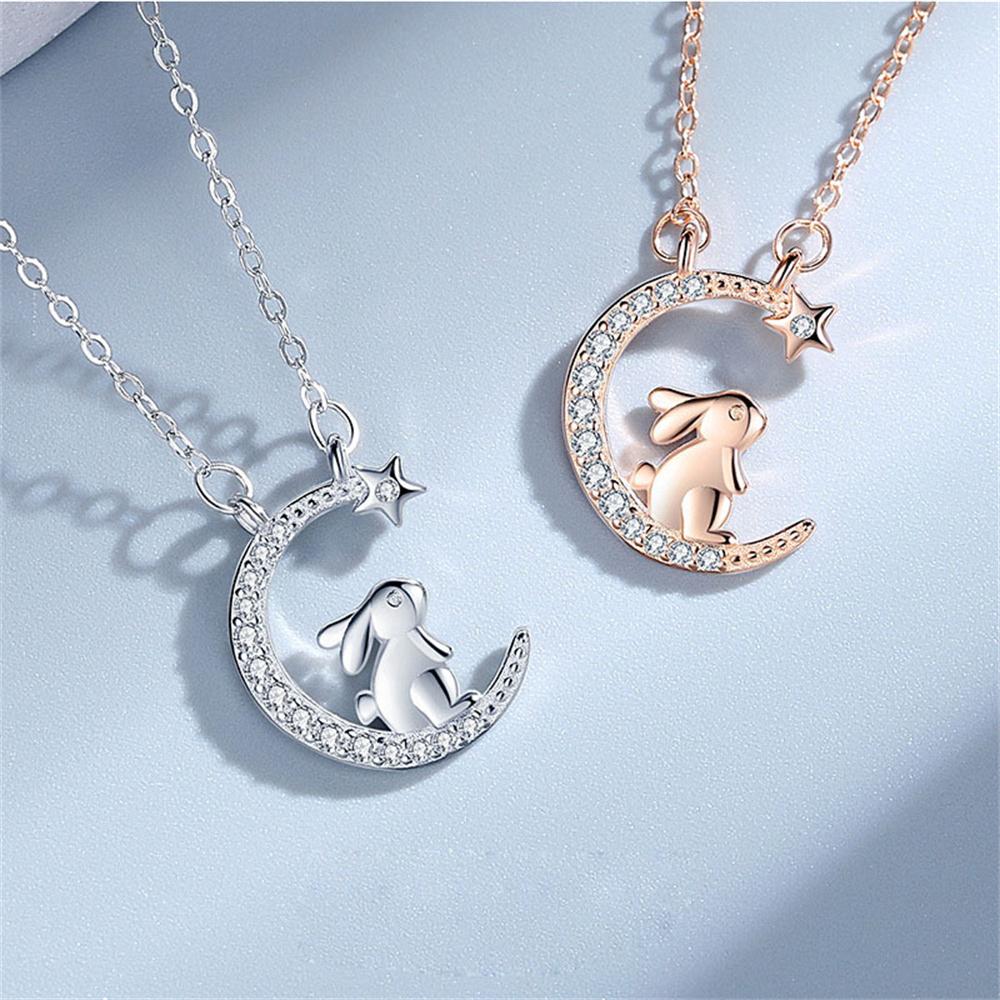 Korean -Style Cute Rabbit Picking Stars Crystal Pendant Necklace Girl Jewelry Star -Moon Clavicle Chain Exquisite Birthday Gifts