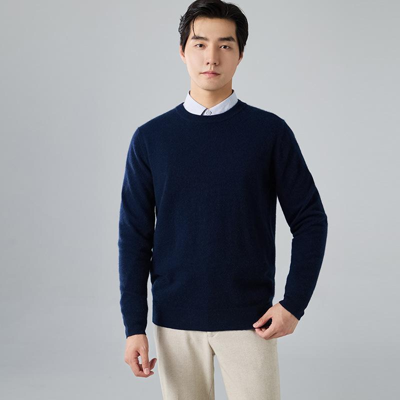 Crew neck cashmere shirt men's loose solid color sweater pullover with bottom knitted wool sweater