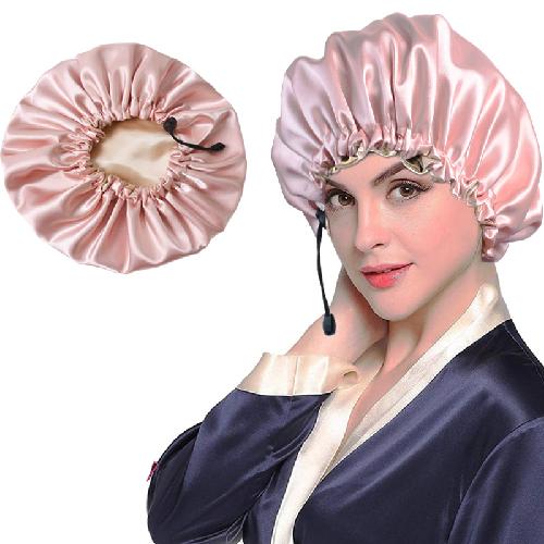 Doppellagige Nachtkappe, verbessert und verstellbar, für Frauen, geölte Duschhaube, weiche Seide, doppelt verwendbar, Badekappe, Chemotherapie-Kappe, Nachtkappe