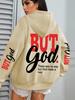 Herren Hoodie mit Glaubens-Buchstabenaufdruck BUT GOD Slogan auf dem Rücken & Doppelte Ärmel Grafik Street Hip Hop Sport Lockerer Freizeit Pullover Sweatshirt