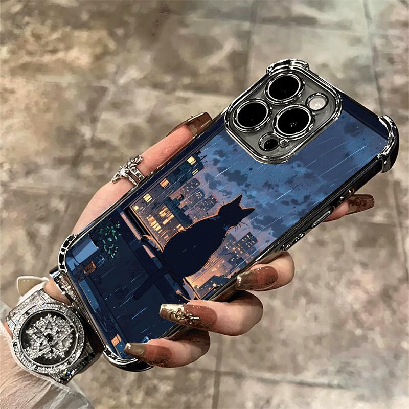 Healing Sense Cat Rain Plating Phone Case For Iphone 16 17 Pro Max Air 16E 14 15 Plus 12 13 Mini Anti-Fall Airabag Cover