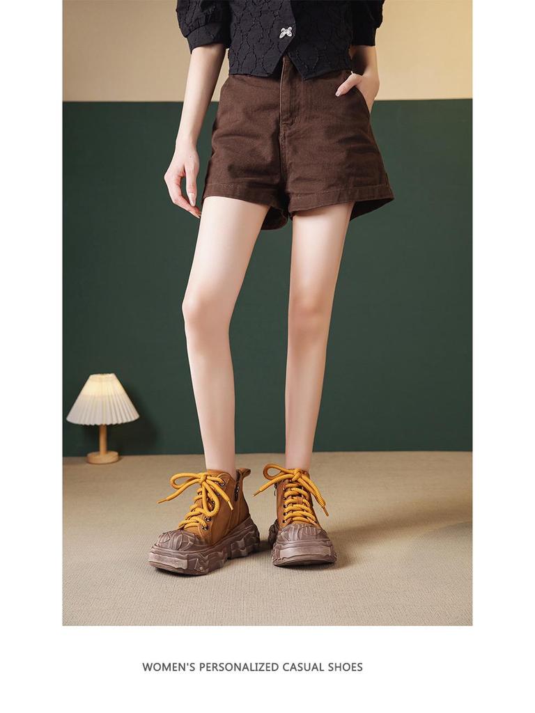 Women's Genuine Leather Thick-Soled Martin Boots - British Style Retro Brown Cowhide Short Boots for Autumn/Winter 2025