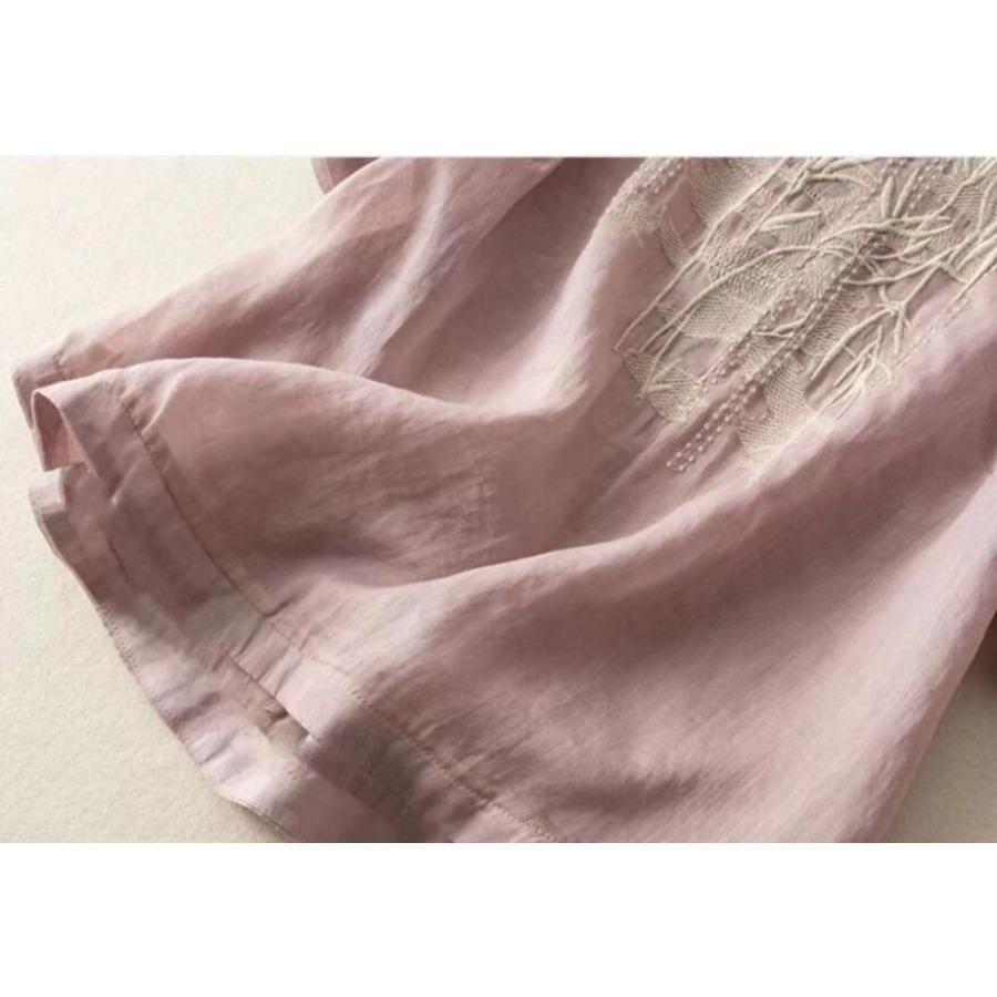 Cotton Linen Blouse Summer Retro Casual Embroidery Shirt Women's Top Short Sleeve Round Neck Blouses