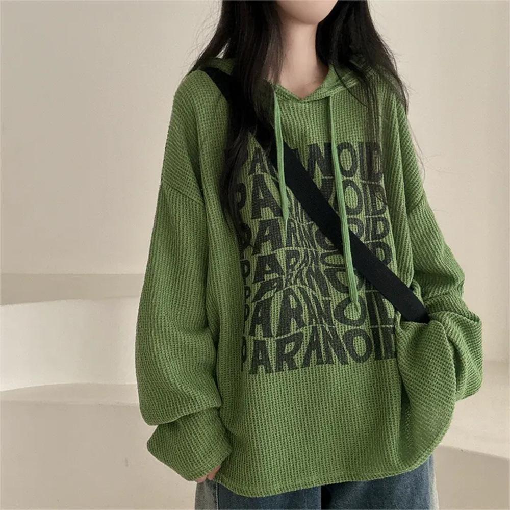 Women's Korean Style Waffle Hoodie - Casual Loose Fit, Autumn/Winter, Plus Velvet
