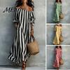 Soft Summer Dress Women Striped Long Dress, Off Shoulder Sleeve Casual with Side Pocket Ankle Length Loose Swing Clothing