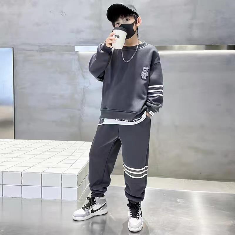 

Autumn Children Boy Clothes Set Stripe Sweatshirts and Pants 2PCS Suit Teenage Girls Pullover Bottom Outfits Tracksuits 170 сірий