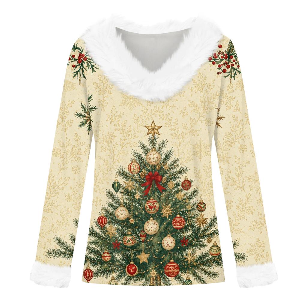 Women's Casual Christmas Print Long Sleeve Top with Plush Collar for Winter