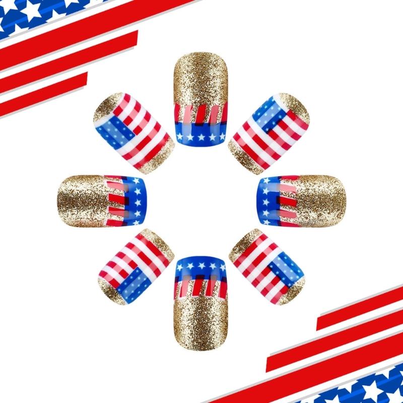 24 Pcs 4th of July Artificial Nail French Tip Stick on Nail Short Full Cover False Nail Independence Day Press On Nail