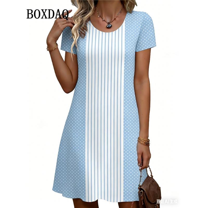 Simple Fashion Women's O-Neck A-Line Dress Striped Dot 3D Print Women's Dress Summer Loose Elegant Women's Short-Sleeve Dresses