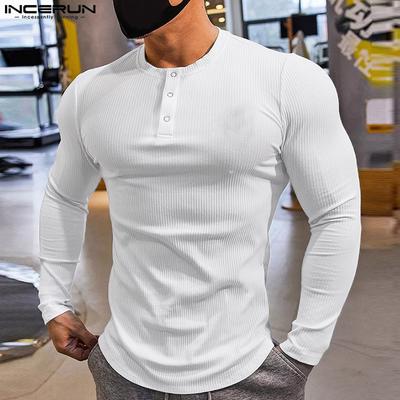 Men Round Neck Long Sleeve Rib Casual Fitted Tops T-shirts Undershirts