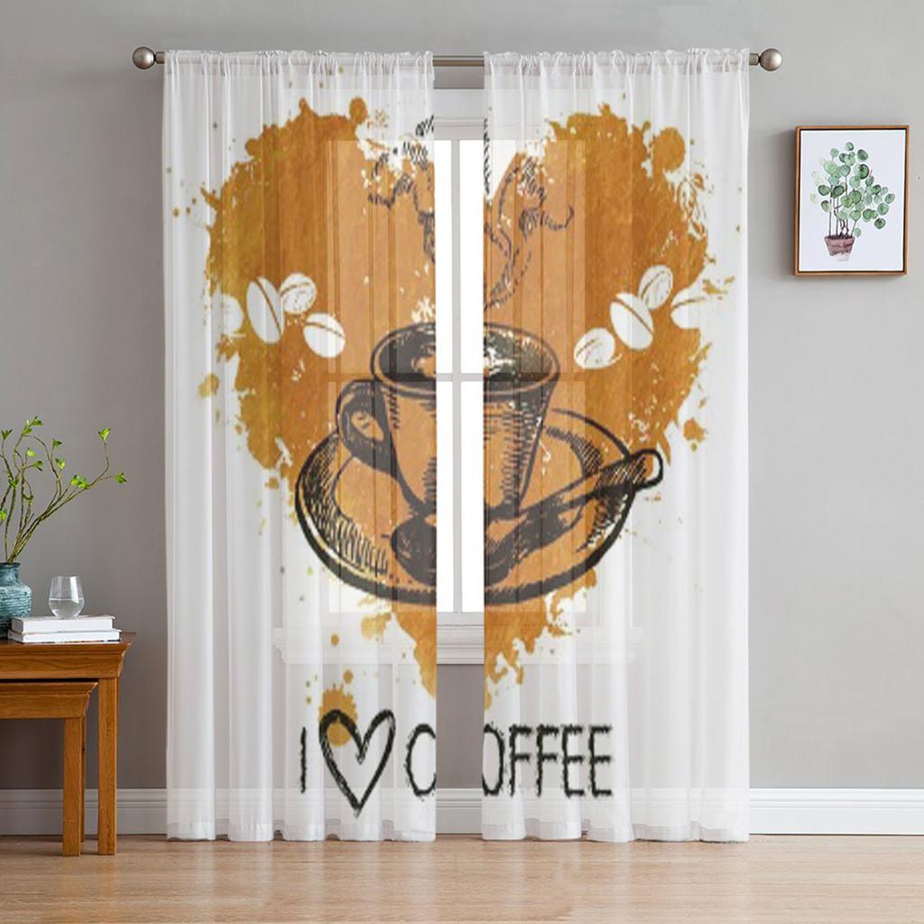 Hand Drawn Vintage Coffee Tulle Curtains For Living Room Decoration Modern Veil Chiffon Curtains Bedroom Sheer Voile