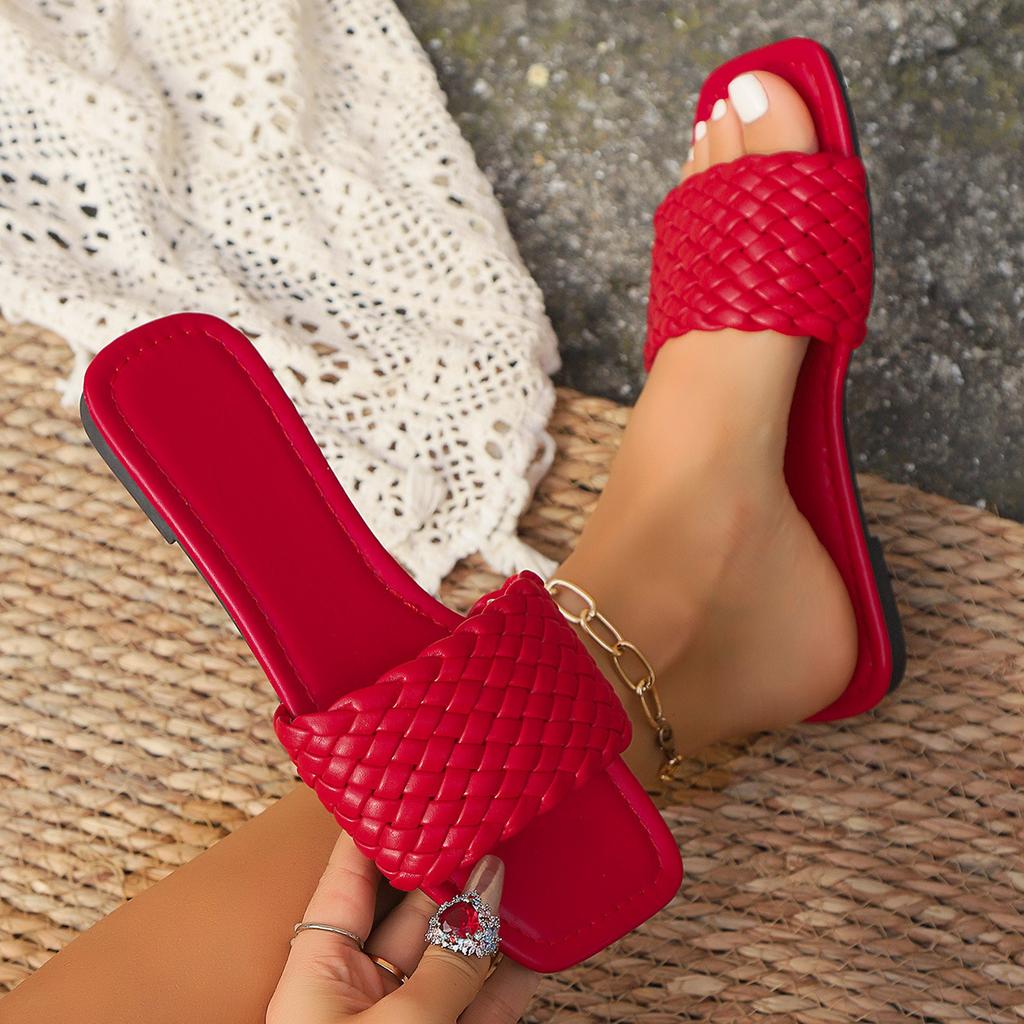 Woven Flat-bottomed Slippers Women's 2025 New One-character Solid Color Flat-bottomed Cool Slippers Women's Slippers