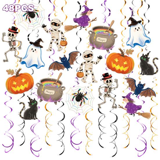 48 Pcs Halloween Hanging Swirls Decoration Spooky Ceiling Spiral Streamer with Spider Pumpkin Ghost Sign for Halloween Home Decor