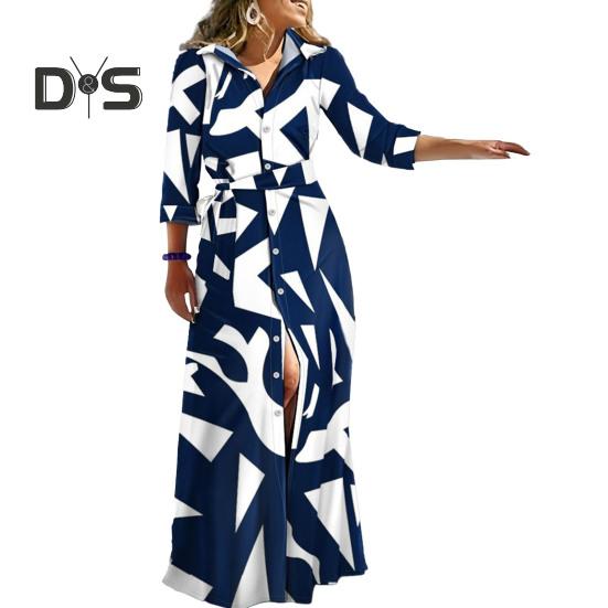 Damen-Kleid für Frühling und Herbst, Schnürung, enge Taille, gestreift, bedruckt, Revers, langärmelig, einreihig, in voller Länge, weich, für Damen, Party, Abschlussball, Maxikleid