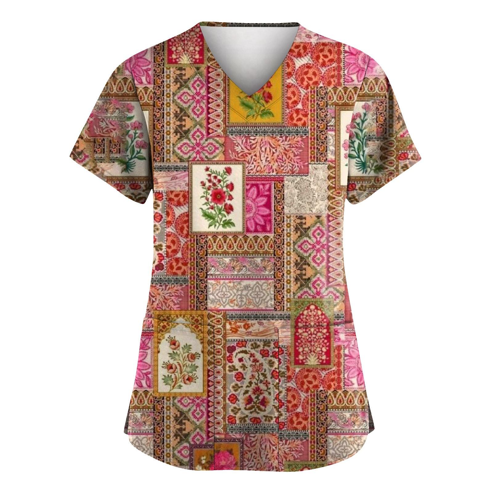 

Женская мода с v-образным вырезом, короткими рукавами и карманами, топы с принтом L винный