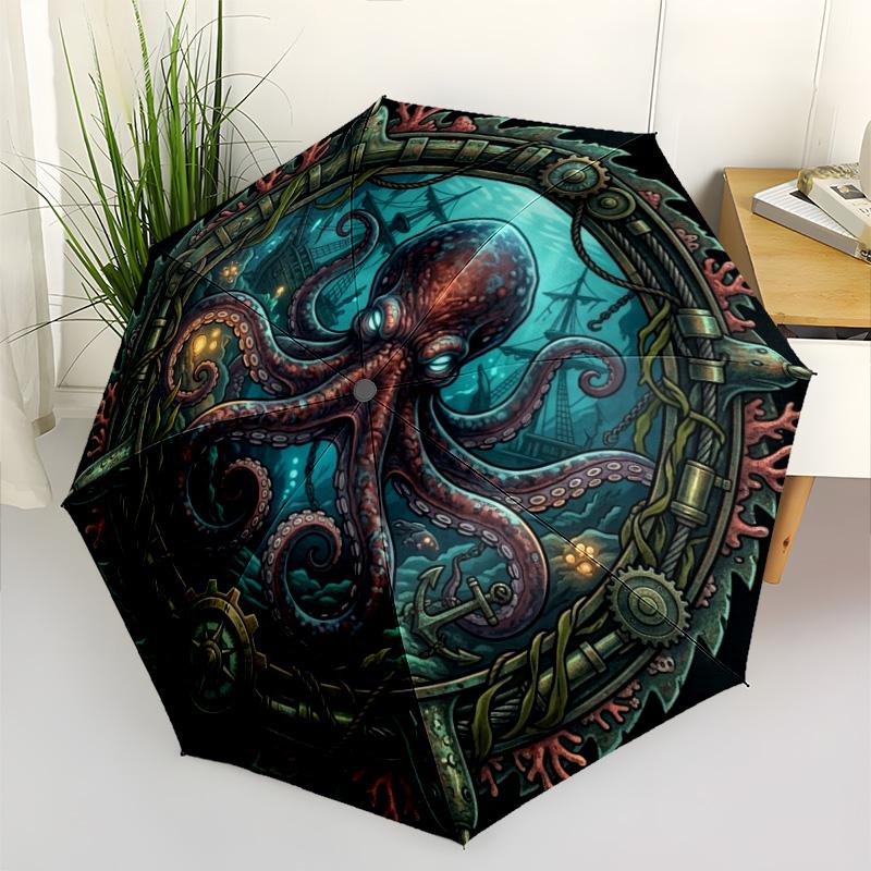 Steampunk Octopus Dive Pattern Umbrella, Portable and Foldable Design, 8 Ribs, a Casual Accessory for Halloween, Christmas, and Birthday Gifts.