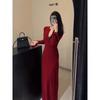 Minimalist Early Autumn Fashion Wear with Red V-neck Knitted Dress Slim Temperament with Coat Dress