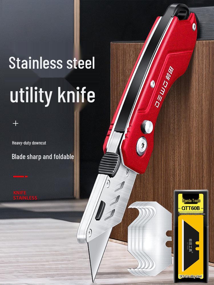 DEWO Heavy-Duty Stainless Steel Electrician's Folding Utility Knife with Cable and Wire Stripper, Thickened Hook.