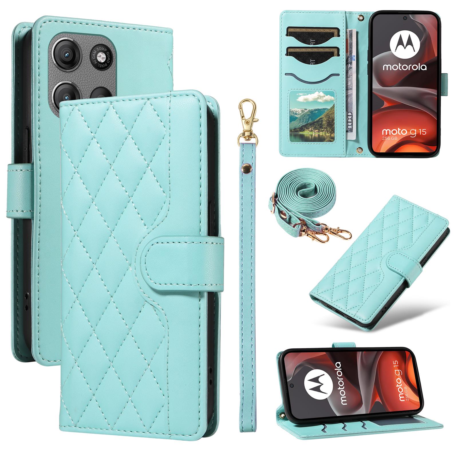 

For Motorola Moto G15 4G/Motorola Moto G15 Power 4G Wallet Case Rhombus Leather Phone Cover with Strap Green