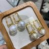 Design Square Buckle Round Pearl Earrings Exquisite 18K Three-Dimensional Geometric Earrings Fashionable High-End Jewelry