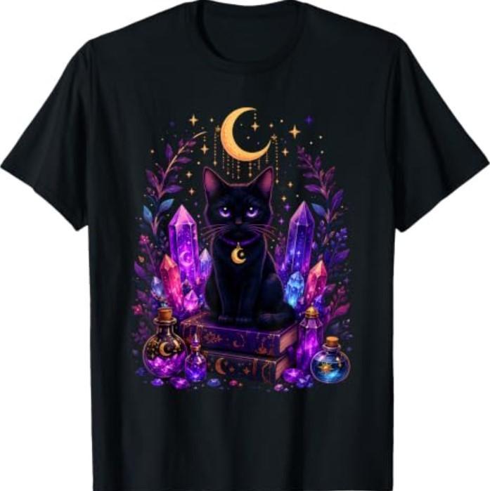 Magical Black Cat Moon Crystal Witchy Halloween Costume T-Shirt