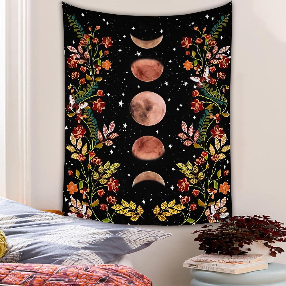 VIKAMA Vintage Floral Moon Phase Tapestry Bohemian Flower Star Moon Wall Blanket for Bedroom Living Room Dormitory Decor