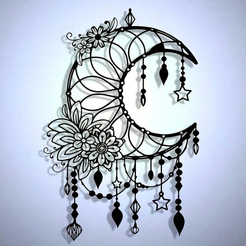 

1 Черный Железный Элегантный Готический Полумесяц С Цветами И Подвесками Минималистский Металлический Настенный Арт - Современный Домашний Декор Для Спальни, Гостиной Или Ванной Комнаты TY7311 разноцветный