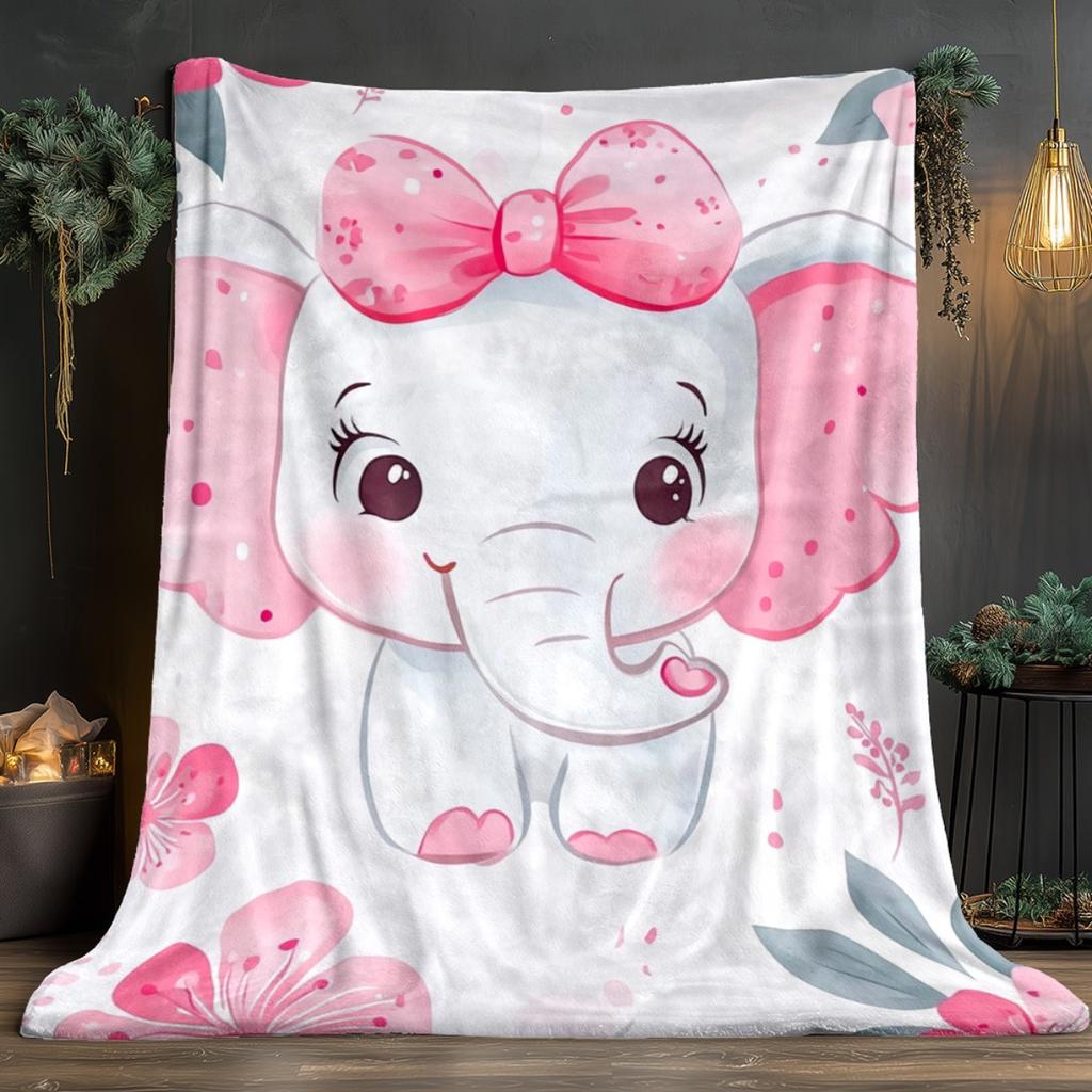 Cute Elephant Fleece Blanket Pink Bow Cartoon Animal Soft Flannel Throw Bed Cover Kids Nursery Decor Gift for Baby Girls