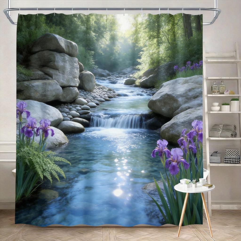 Woodland Shower Curtain 180x180cm – Forest Path with Moss & Trees, Tranquil Nature Bathroom Decor, 12 Hooks